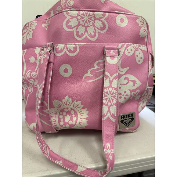 Large Roxy pink floral tote bag With Makeup Bag Plastic Lining Vtg *** Read Desc - Picture 1 of 9